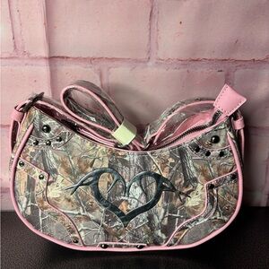 Pink Trim Camo Shoulder Bag with Heart Accent